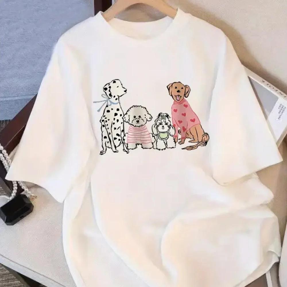 

Women s Cartoon Dog Print T-shirt Dalmatian Poodle and Heart Stripes and Comfortable Dog Pet Lover Clothing Clothes 3XL