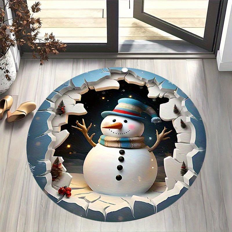 1pc Christmas Snowman Round Mat - Non-Slip Rubber Backing Floor Mat with Snowman, Machine Washable Soft Mat for Living Room