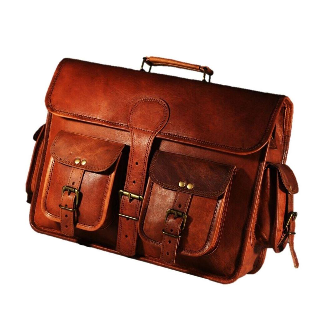 Vintage Briefcase Goat Leather Messenger Real Satchel Bag Brown Genuine Laptop