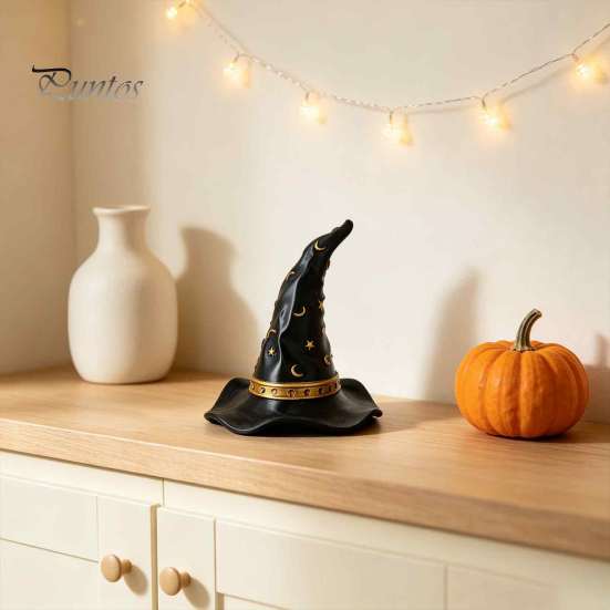 Star Moon Pattern Decor Resin Witch Hat Figurine, Wizard Statue with Festive Party Table Patterns, Gothic Halloween Desktop Ornament for Mantel Indoor
