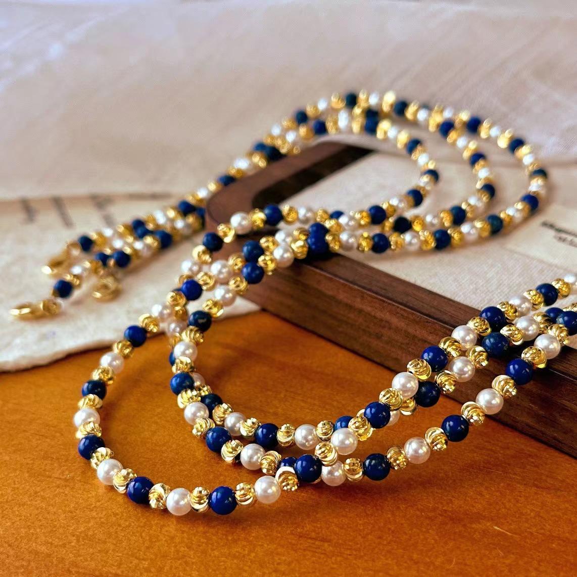 

Vintage Natural Lapis Lazuli Shijia Zhengyuan Strong Light Pearl Collarbone Chain Autumn And Winter Atmosphere Necklace