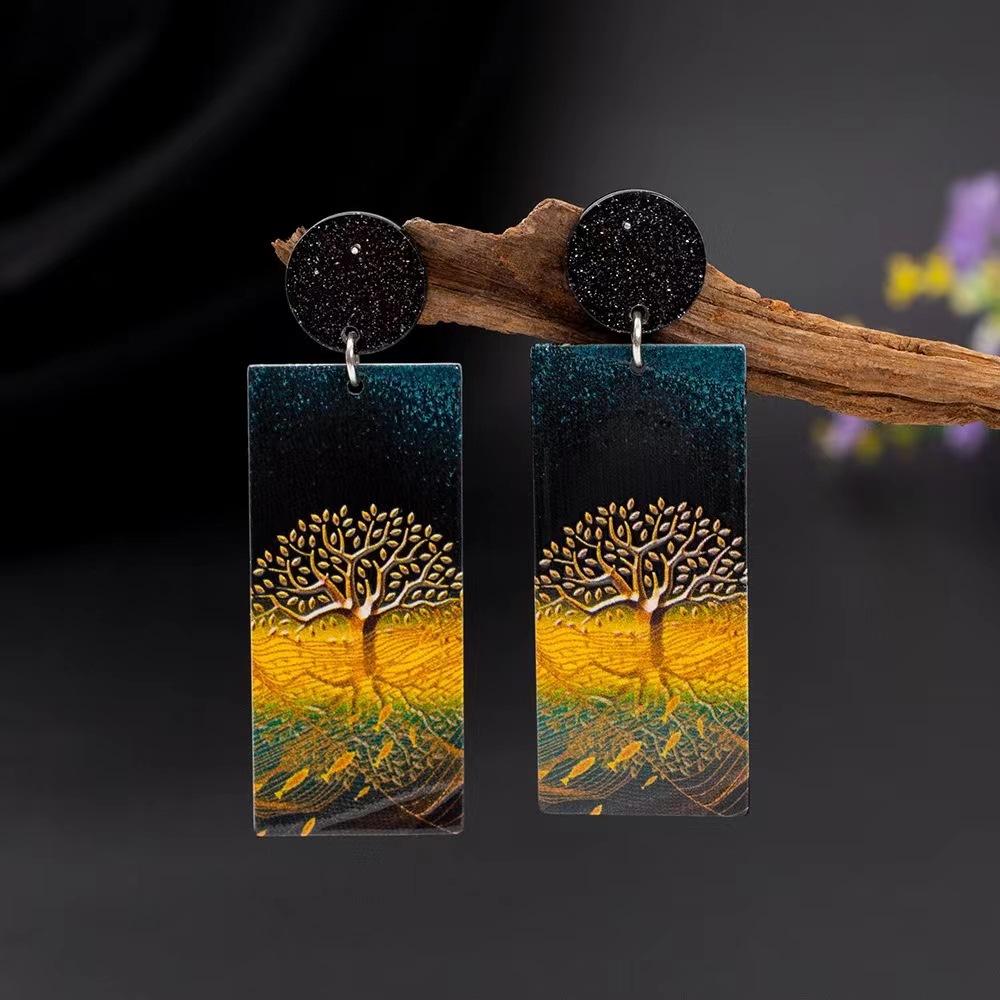 Fashion new sexual temperament three-dimensional printing women s acrylic gold tree of life earrings