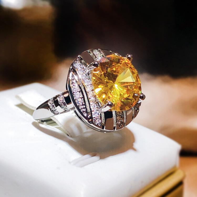Golden Yellow Diamond Ring Oval Full Topaz Diamond Ring CAIBAO Series Viva Ring