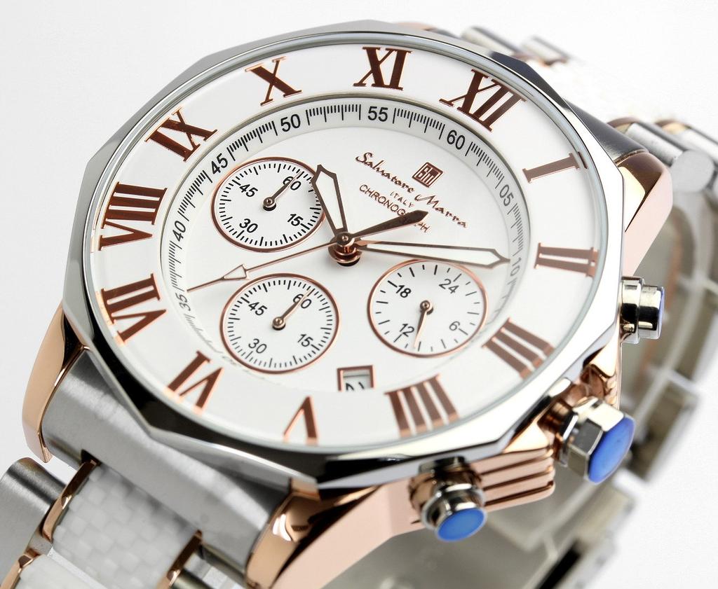 Salvatore Marra Chronograph 10 ATM Water Italian Limited SM15104 Men's Watch, Resistant, Business/Formal, Brand, Edition, (White/Pink Gold) [Used]