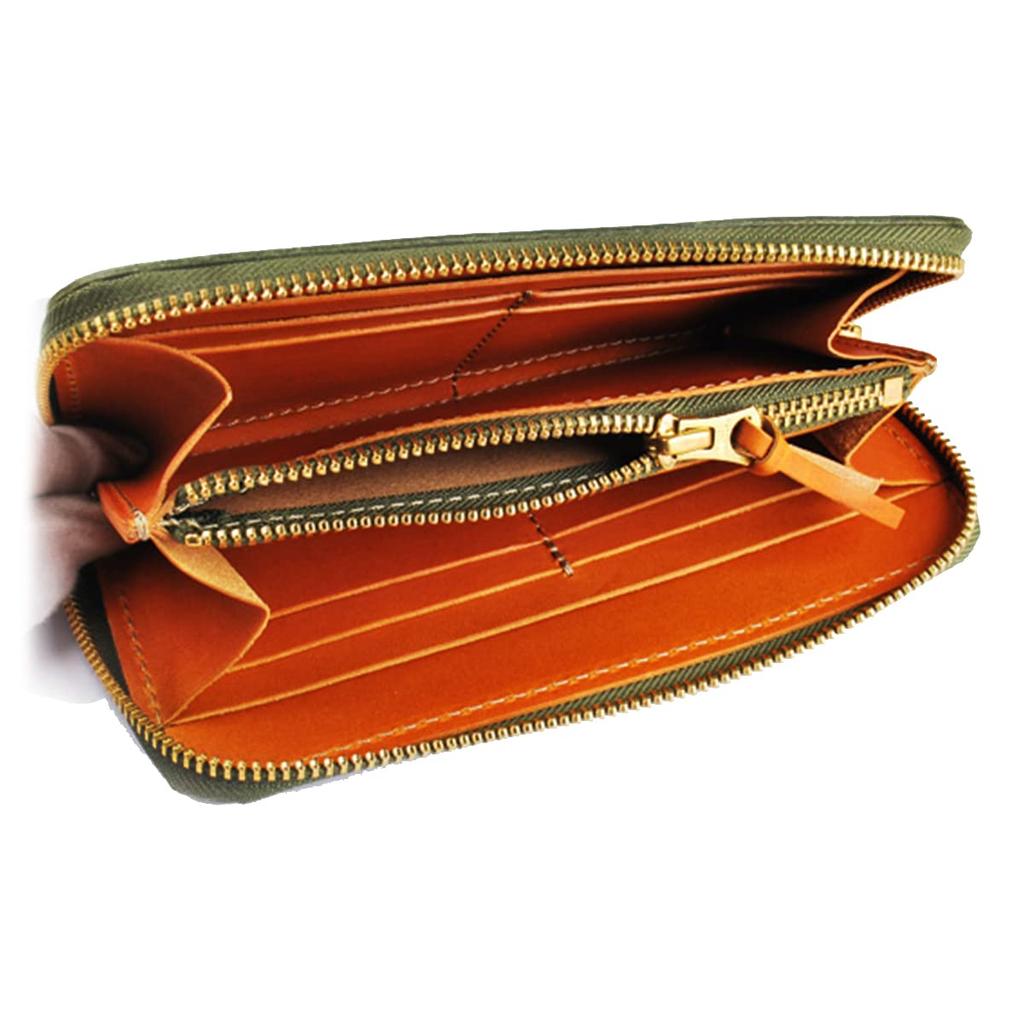 Tochigi Leather FINAL Handmade Luxury Leather Round Zipper Long Wallet for Men (JP-2500BKRE JP-2500GRCA) (JP-2500GRCA (Green Camel))