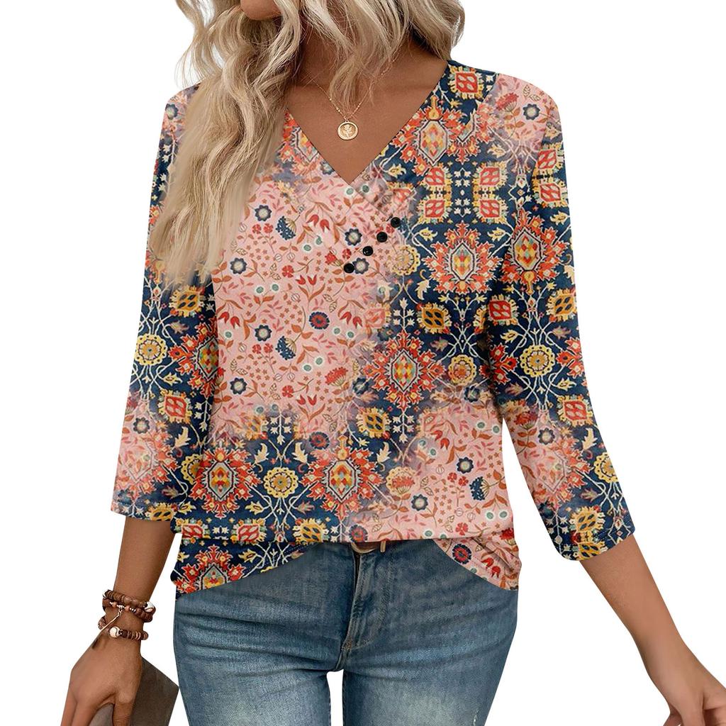 Womens 3/4 Sleeve Daily Weekend V Neck Casual Printed Tshirts Loose Fit Pleated Tees Button Down Shirts
