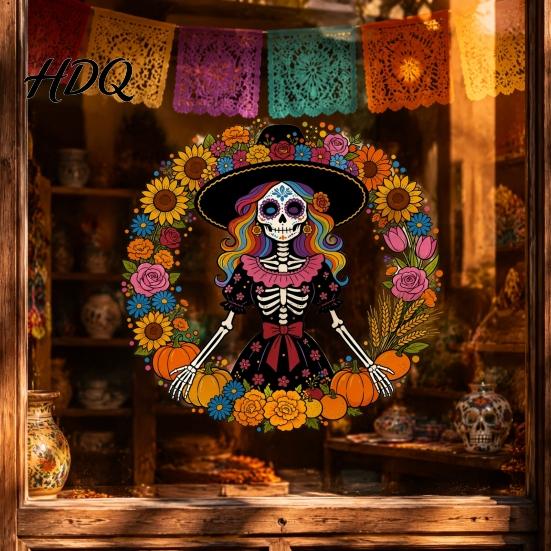 Versatile DIY Window Paster Day of the Dead Sugar Skull Lady Static Cling Día De Los Waterproof PVC Clings Muertos Sunflower Wreath Glass