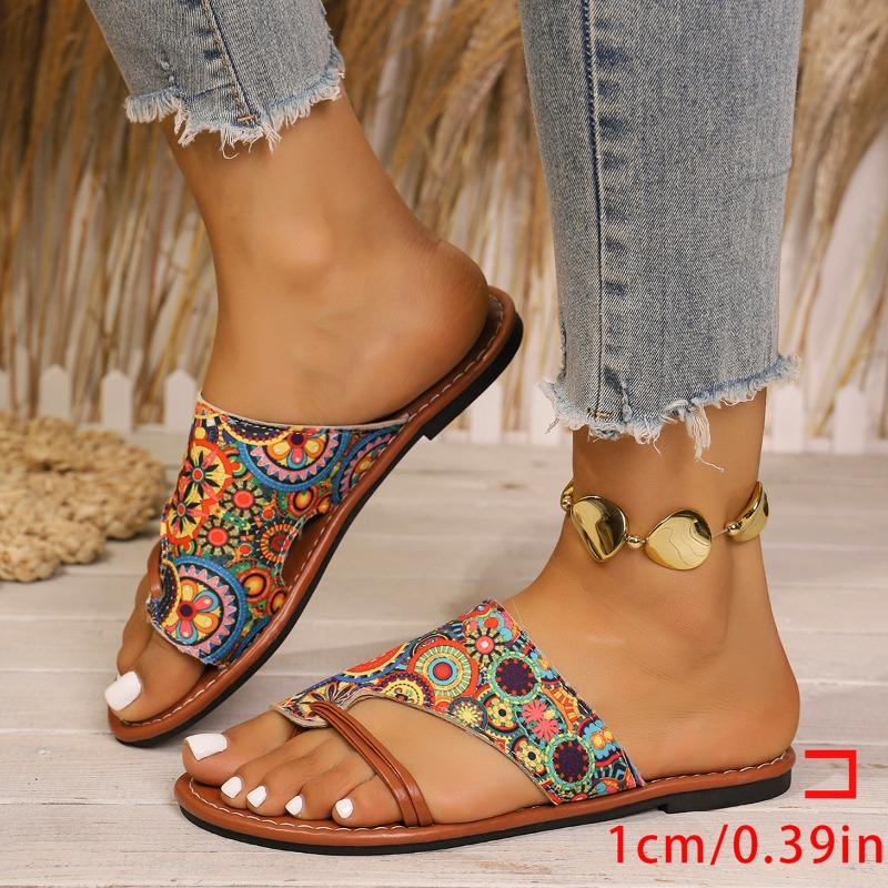 New summer ethnic style printed sandals toe design soft bottom non-slip seaside vacation outer wear women