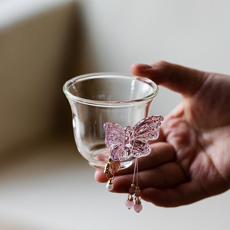 2pc/lot Butterfly Glass Teacup Ancient Tea Bowl Sample Tea Cup Tea-tasting Fragrance Cup Chazhan Master Cups Tea Services 60ml