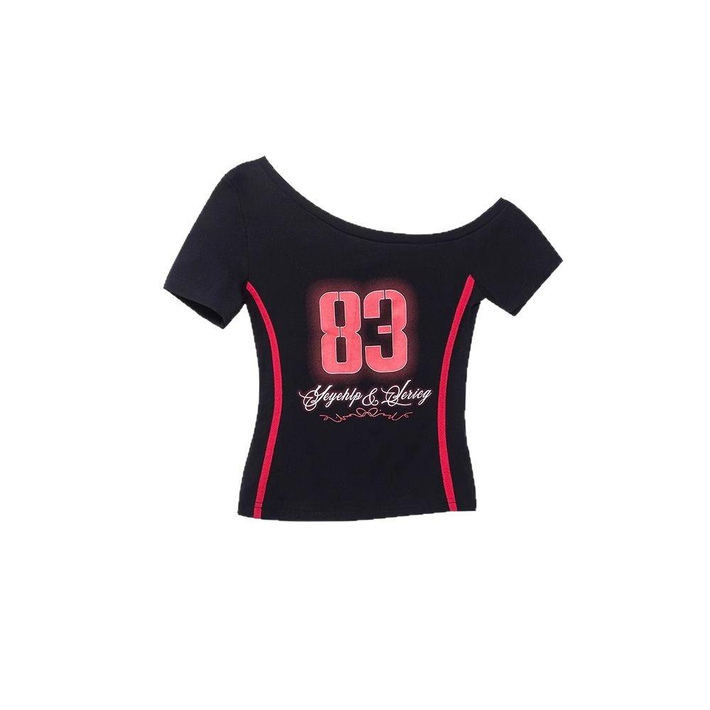 

Спортивная футболка с цифровым принтом с открытыми плечами - Женская летняя приталенная L Premium чёрный