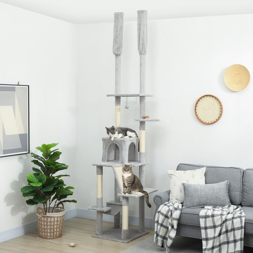 Adjustable Height Ceiling Cat Tree 225-255cm with House and Hammock, Light Grey