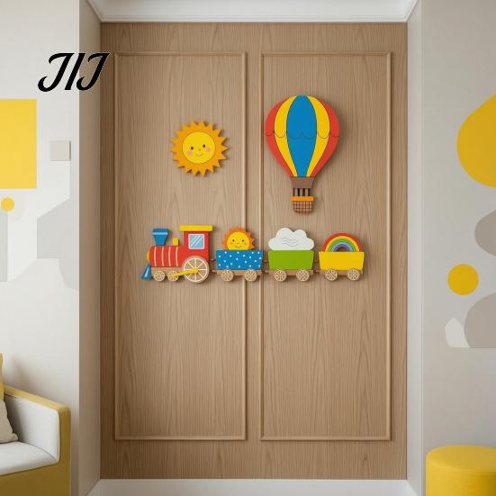 Decorative Wood Wall Shapes 4Pcs Cartoon Train Hot Air Balloon 3D Wooden Decor, Colorful Kids Sun Rainbow Cloud Art Room Hanging, Nursery Educational