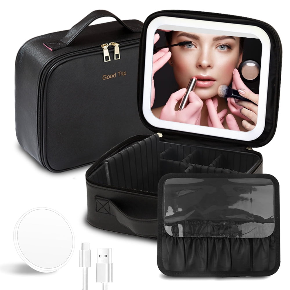 Sextupole Travel Makeup Bag with LED Lighted Mirror, Make up Bag with Adjustable 3 Color Setting, Makeup Organizer Box with Adjustable Dividers for