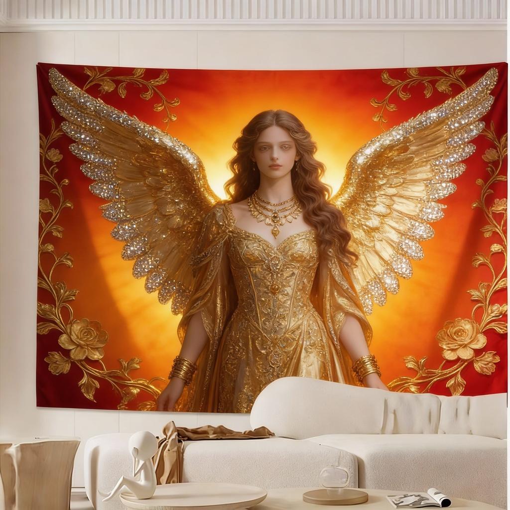 Luxurious Saint Michael Angel Golden  White Tapestry  Intricate Heavenly Design with Radiant Stars HighQuality Polyester Fab