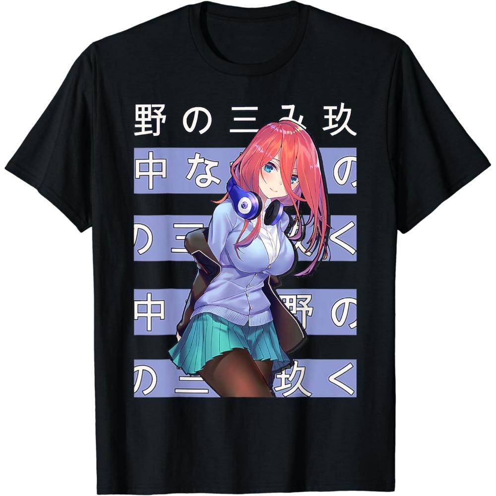 Oversized Black Short-Sleeve T-Shirt Featuring 5-Toubun No Hanayome Nakano Miku Headphones Classic Scene Black-and-White Manga Style Graphic