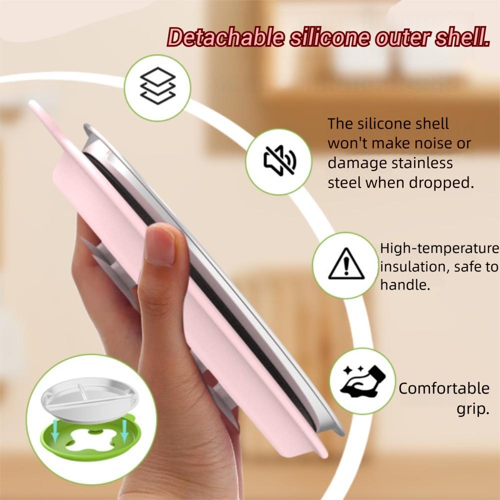 3 Grids Suction Cup Dining Plate 304 Stainless Steel Kids Feeding Plate Kindergarten