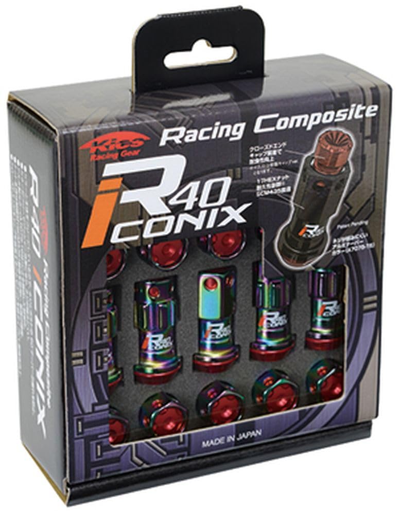 Racing Composite R40 iCONIX Wheel Lock M12 X with Aluminum KYO-EI (Kyoei Industry) Nuts, P1.5, Caps, Neochrome/Black, RIA-11NK