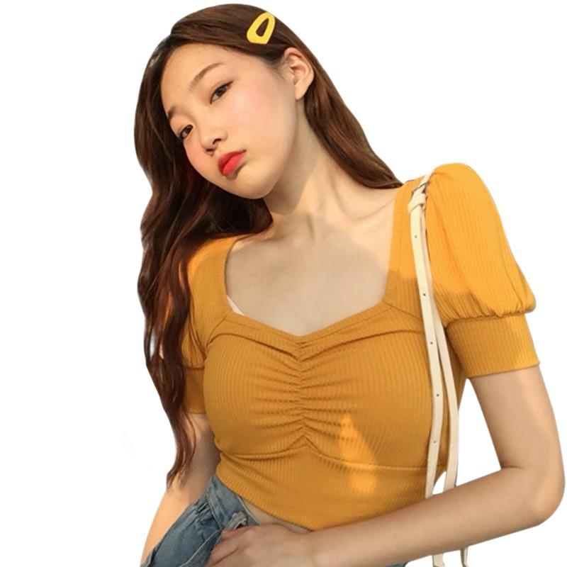 

Женские однотонные футболки с квадратным воротником, тонким пупком и короткими рукавами, топы One Size