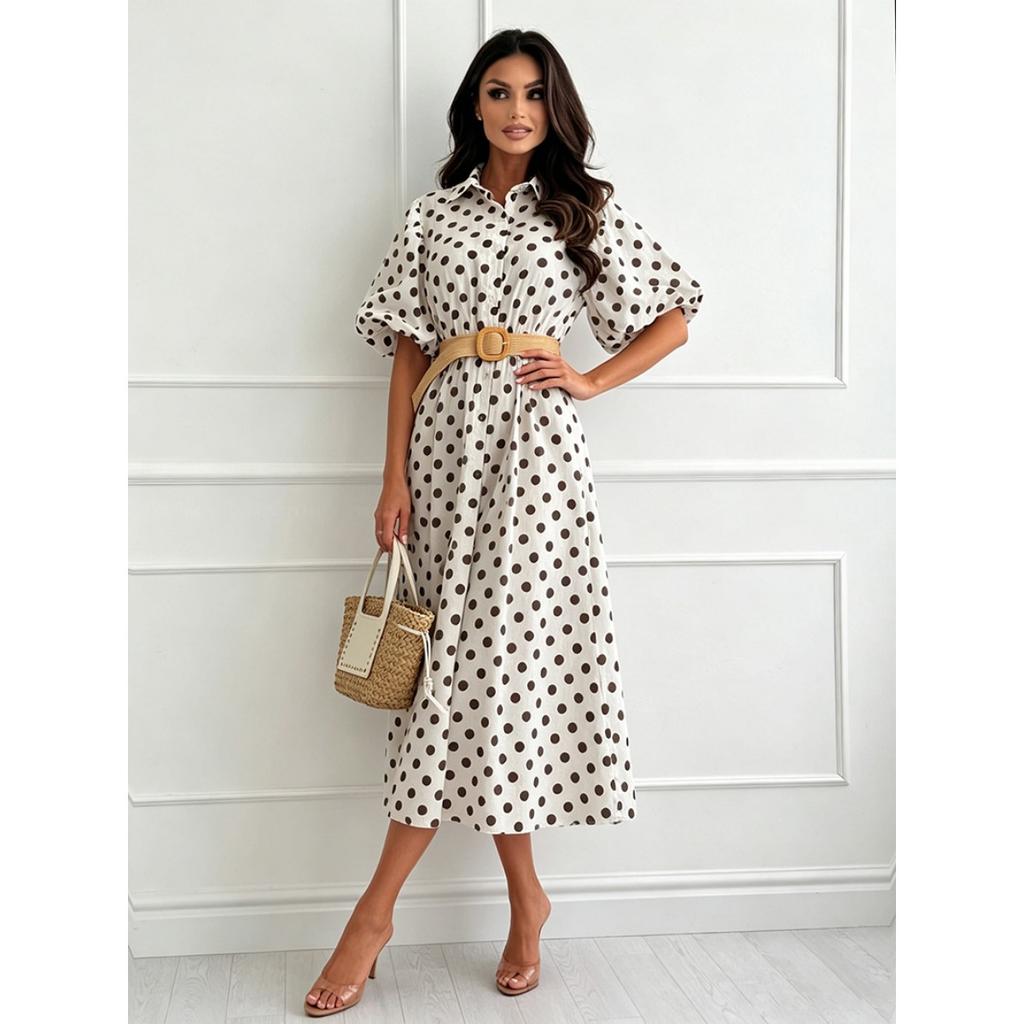 Abito midi a pois da donna, vestito casual ampio a mezza manica, vestito casual da giorno per donna, primavera estate, stile europeo americano