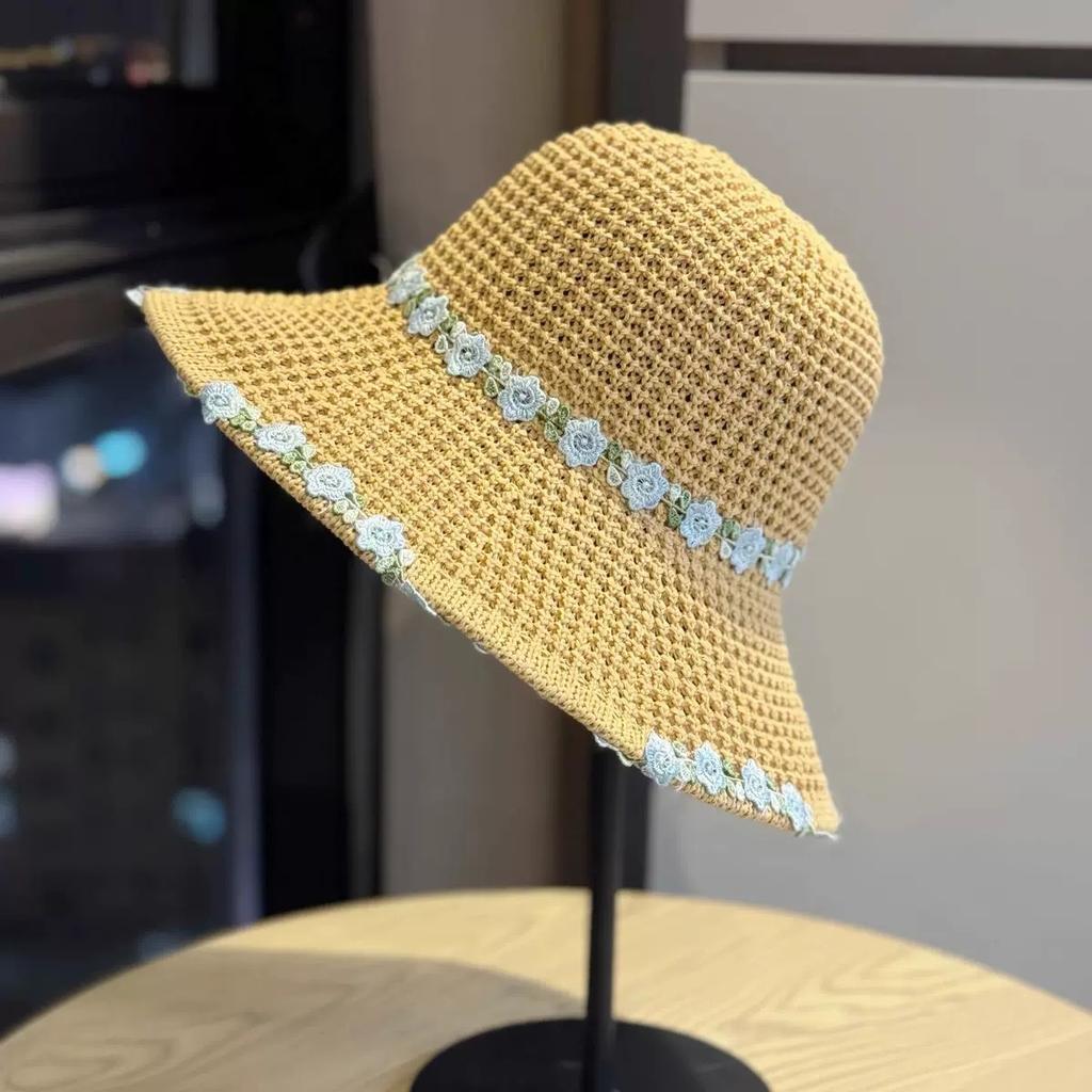 Straw hat ins lace-up hollow straw hat women's summer travel sun protection beach seaside sun hat lace edge sun hat