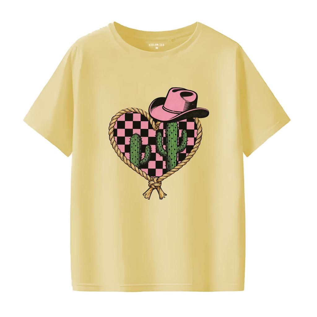 Retro Western Cowboy Hat Printed Womens Short Sleeved Tshirt Summer Round Neck Suitable for Versatile Daily Use