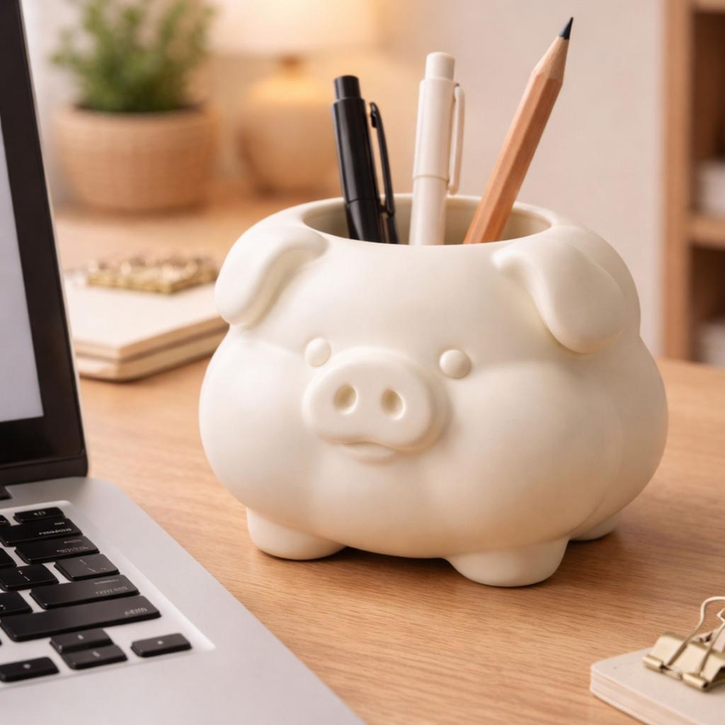 A container in the shape of a plump white pig