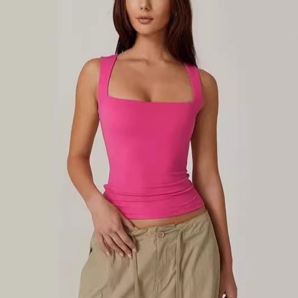New Summer Women's Square Neck Sleeveless Double Layer Basic Slim Fit Tank Top Black