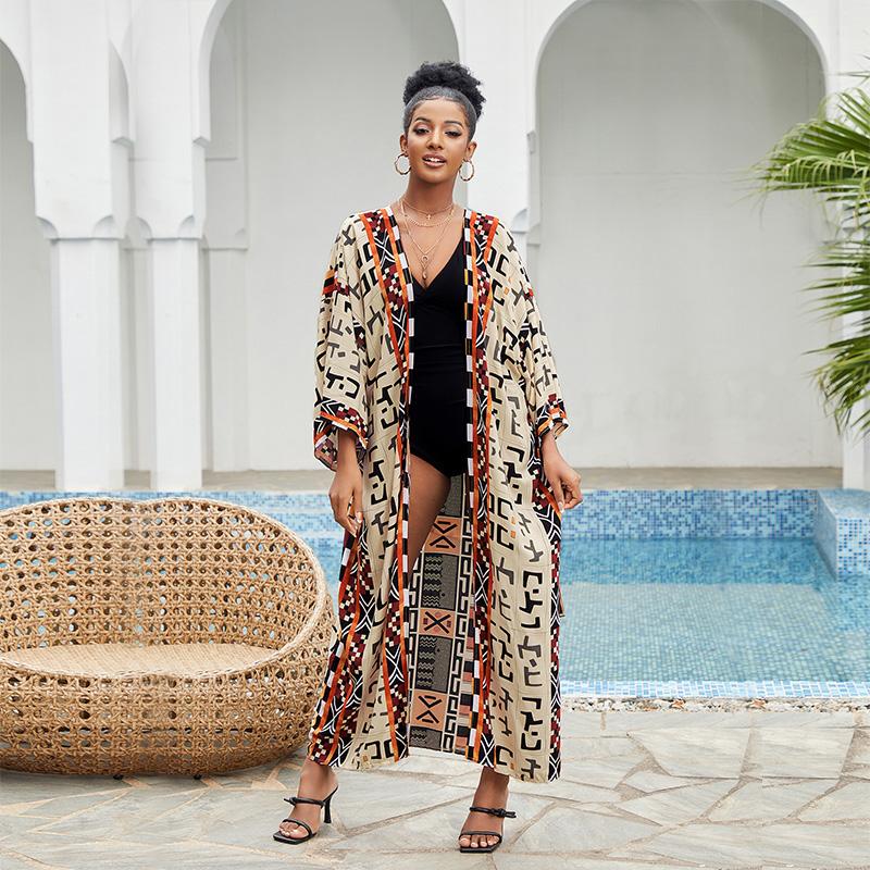 EDOLYNSA 2023 Boho Printed Bikini Cover-ups Elegant Self Belted Kimono Dress Tunic Women Plus Size Beach Wear Swim Suit Cover Up Q1228