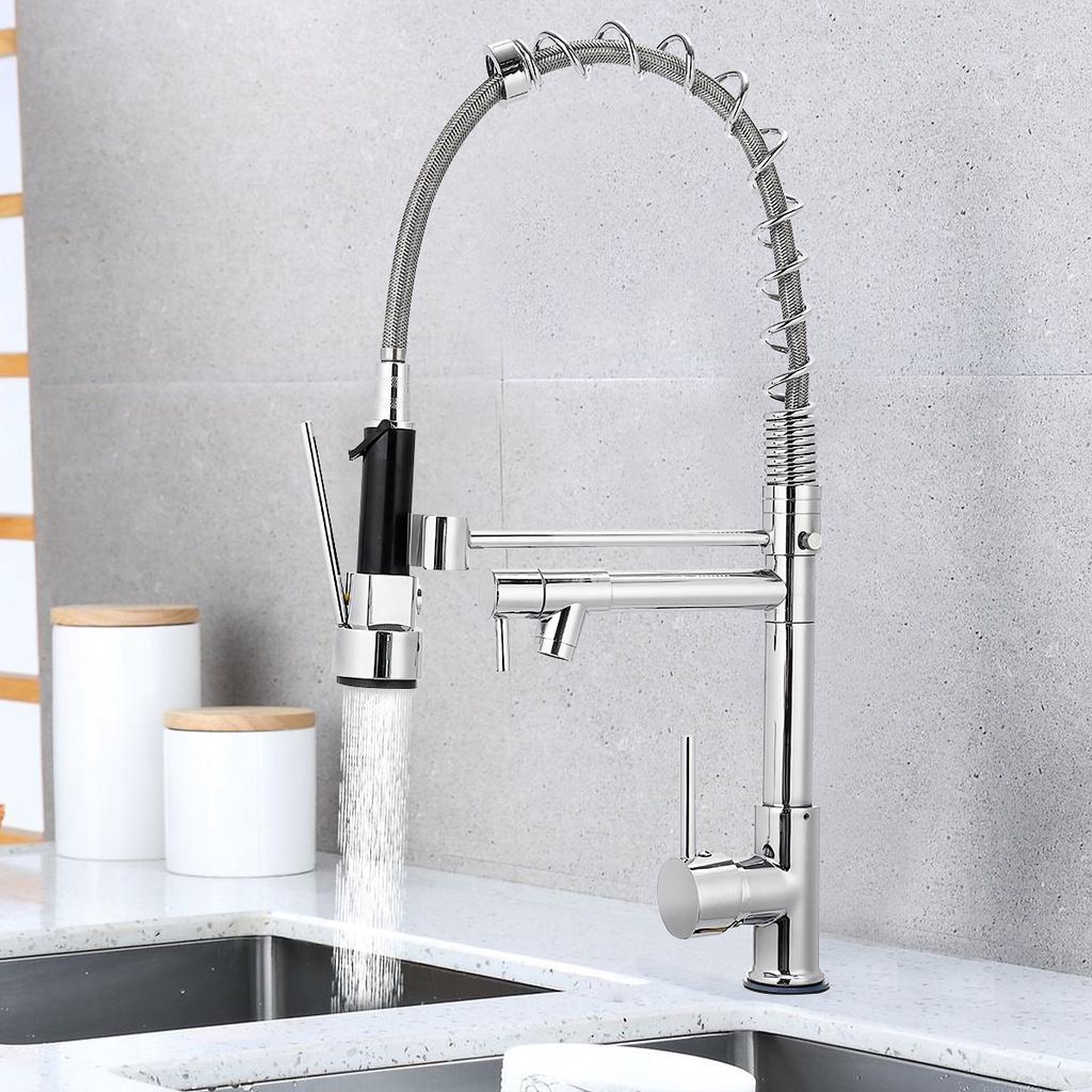 Silver Chrome Polished Deck Mounted Flexible Kitchen Faucets Silver Spring Style Spray Mixers Tap Hot And Cold Kitchen Faucet Pull Out Mixer Tap