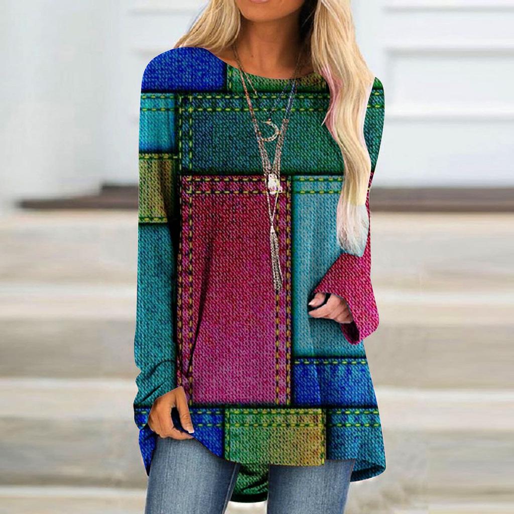 Women's Fashion Casual Irregular Patchwork Color Print Loose Medium Long Long Sleeve Top