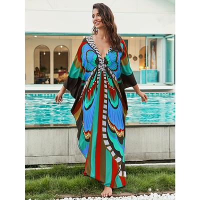 Übergröße Bohochic Cover Up, Damen Strand Schmetterlingsdruck Fledermausärmel Lockerer Schnitt Maxi Chinesischer Knoten V-Ausschnitt Strand Kaftan