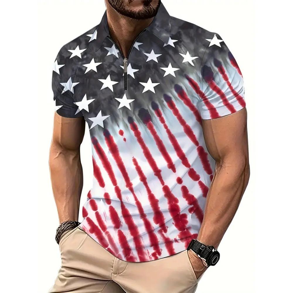 Men's Zipper Polo Shirt, Wave Triangle Shirt, 3D Printed, Retro, Short Sleeve, Loose, Comfortable, Street, Summer, New Style