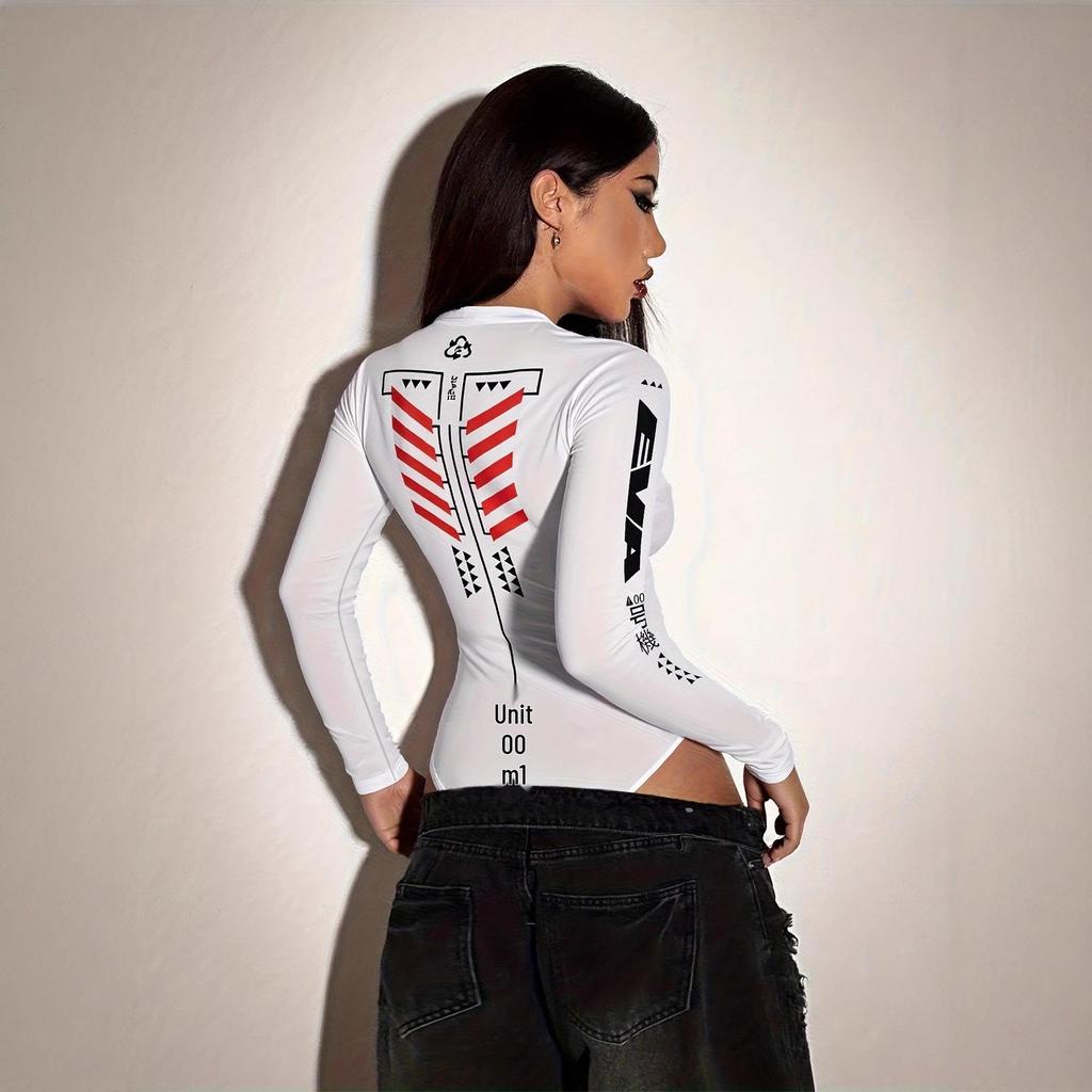 Spicy Style Women's Slimming Summer Motorcycle Jumpsuit - Print Long Sleeve, Half-High Collar Streetwear