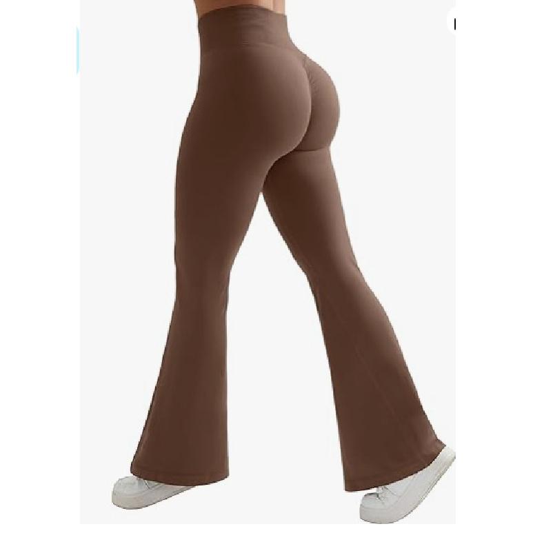 

2025 европейские и американские новые женские сексуальные ребристые брюки для йоги с карманами, расклешенные брюки с высокой талией M коричневый