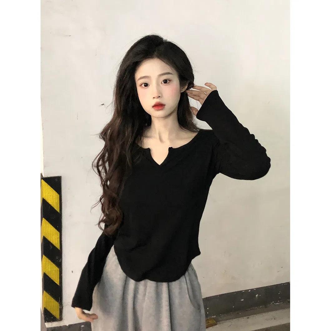 

Spring and Autumn V-neck long-sleeved T-shirt women s curved hem irregular design sense slim bottoming shirt pure desire wind shoulder top XL чорний