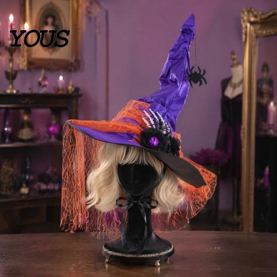 Theater Stage Performance Gear Halloween Witch Hat for Women, Gothic Spider Web Mesh Skeleton Hand Rose Flower Wizard Costume, Cosplay Party Princess