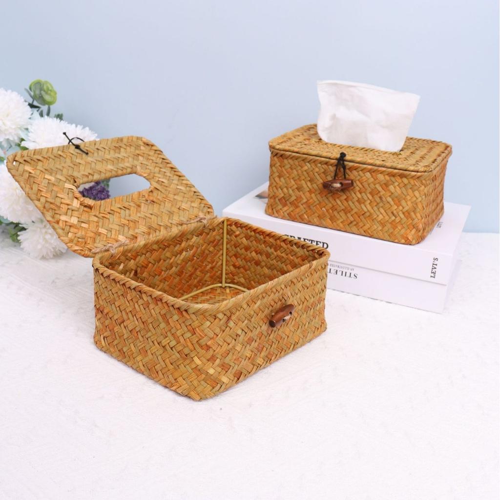 Chic Woven Storage Basket with Lid - Decorative Artistic Tissue Box Holder for Living Room, Rectangular Fabric Organizer for Cosmetics & Accessories