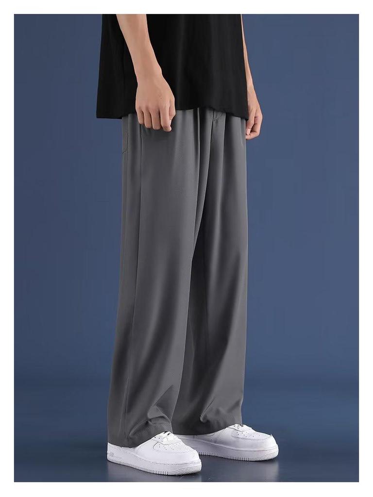 Men's Summer Ice Silk Wide-Leg Pants – Solid Color, Loose Fit, Plus Size, Straight Leg, Hong Kong Style