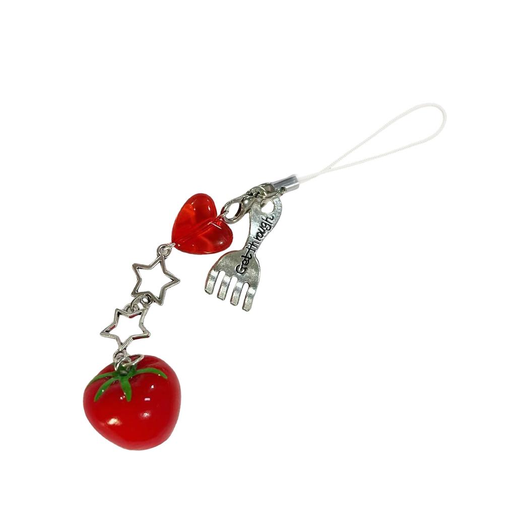 Creative Tomato/Fork/Spoon Bag Charm Colorful Resin Beaded Keychain Pendant Versatile Purse Accessory Gift for Women