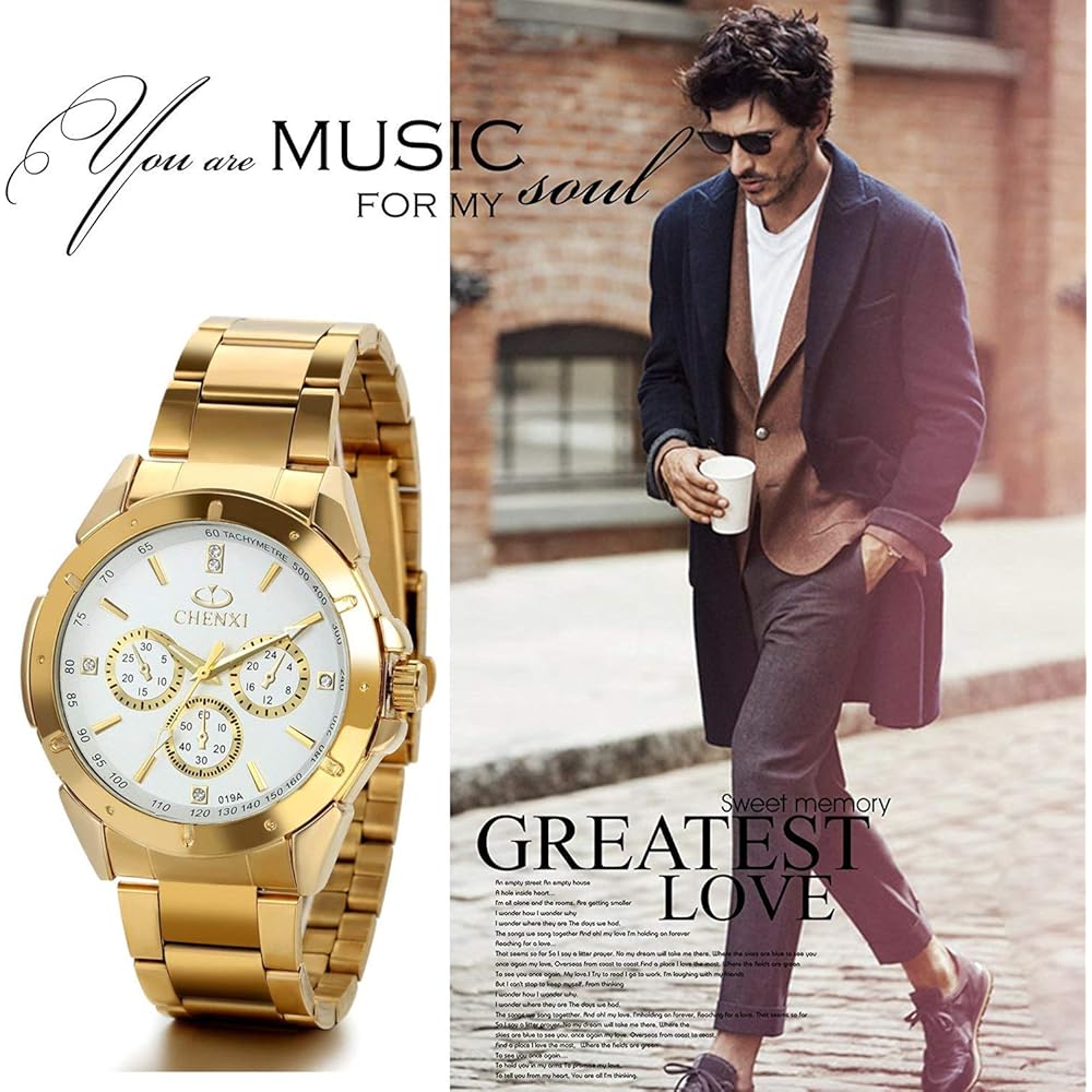 JewelryWe Men's Analog Watch Gold Stainless Steel Band White Casual Business Timepiece