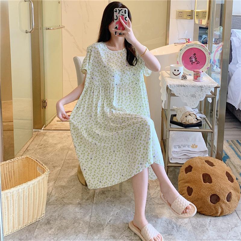 Cotton and silk nightgown women's spring and autumn casual short-sleeved large-size printed pajamas summer thin high-end cotton loungewear
