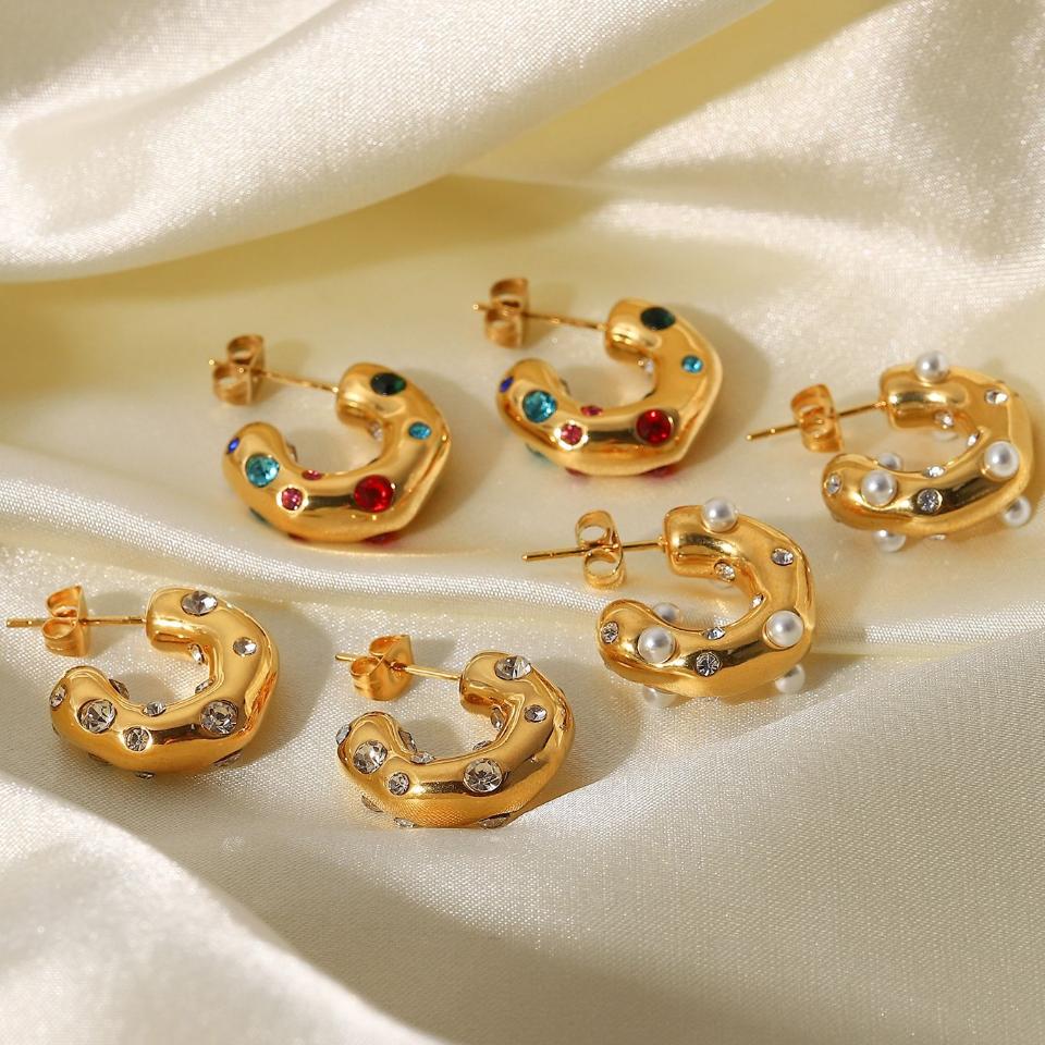 New Chunky Stainless Steel Gold Plated Earrings For Women Irregular Pearl Zircon Paved Thick Statement Earring Jewelry