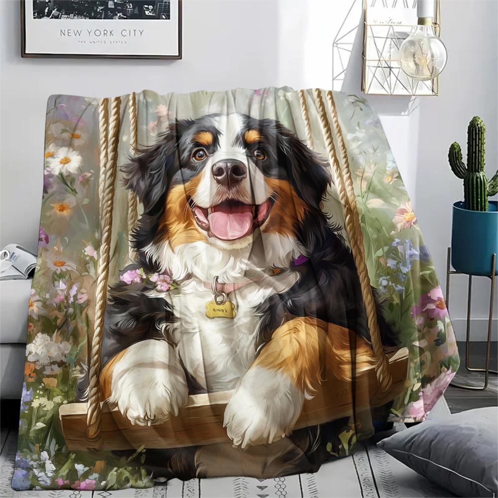 Bernese Mountain Dog and Flowers pattern Flannel Blanket, High quality Comfortable for All Seasons, Home Decor, Warmth and Comfort, Perfect for Gifts.