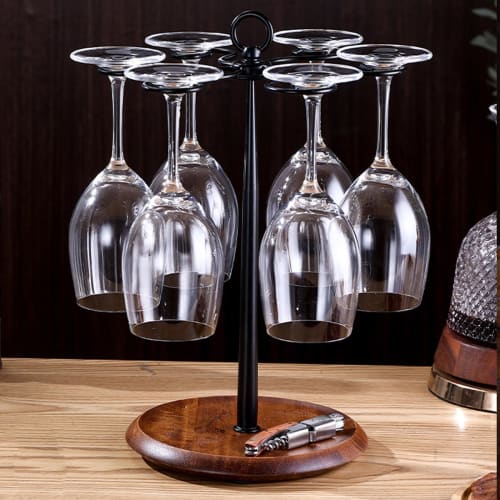 Wine Glass Rack, Tabletop Wine Glass Rack, Standing Countertop Organizer, Metal Wine Glass Rack with Wooden Base, Holds 6 Glasses (Black)
