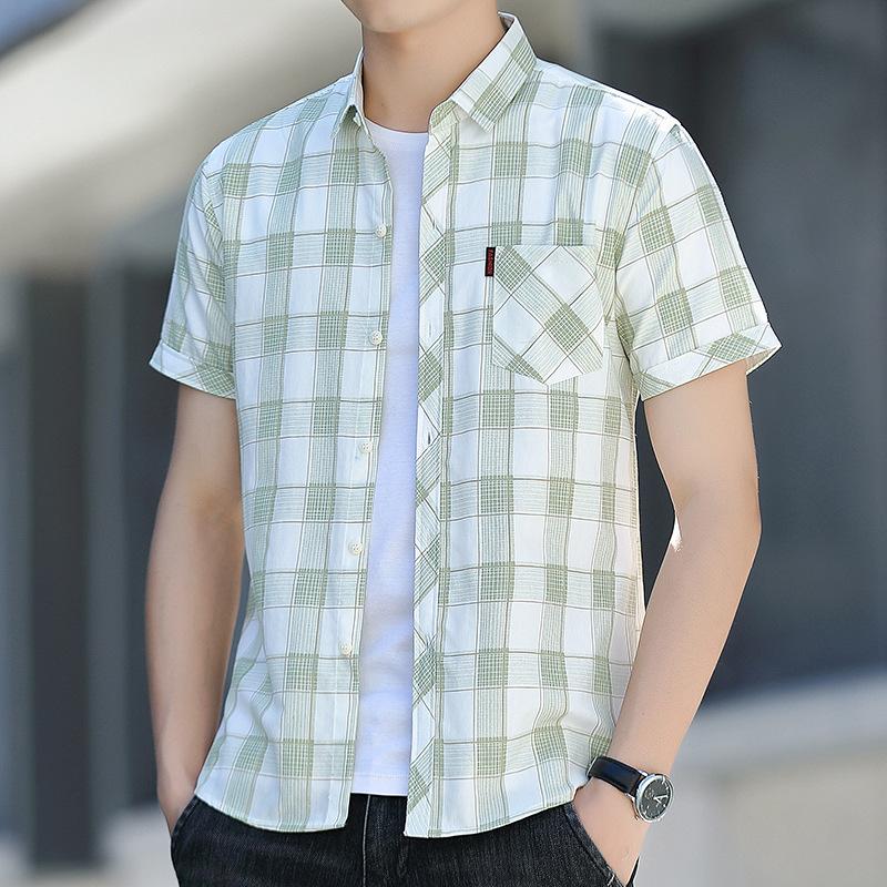 Letní nová košile s krátkým rukávem pánská s kapsami trendová nežehlivá ležérní košile pánská kostkovaná palcová košile tide