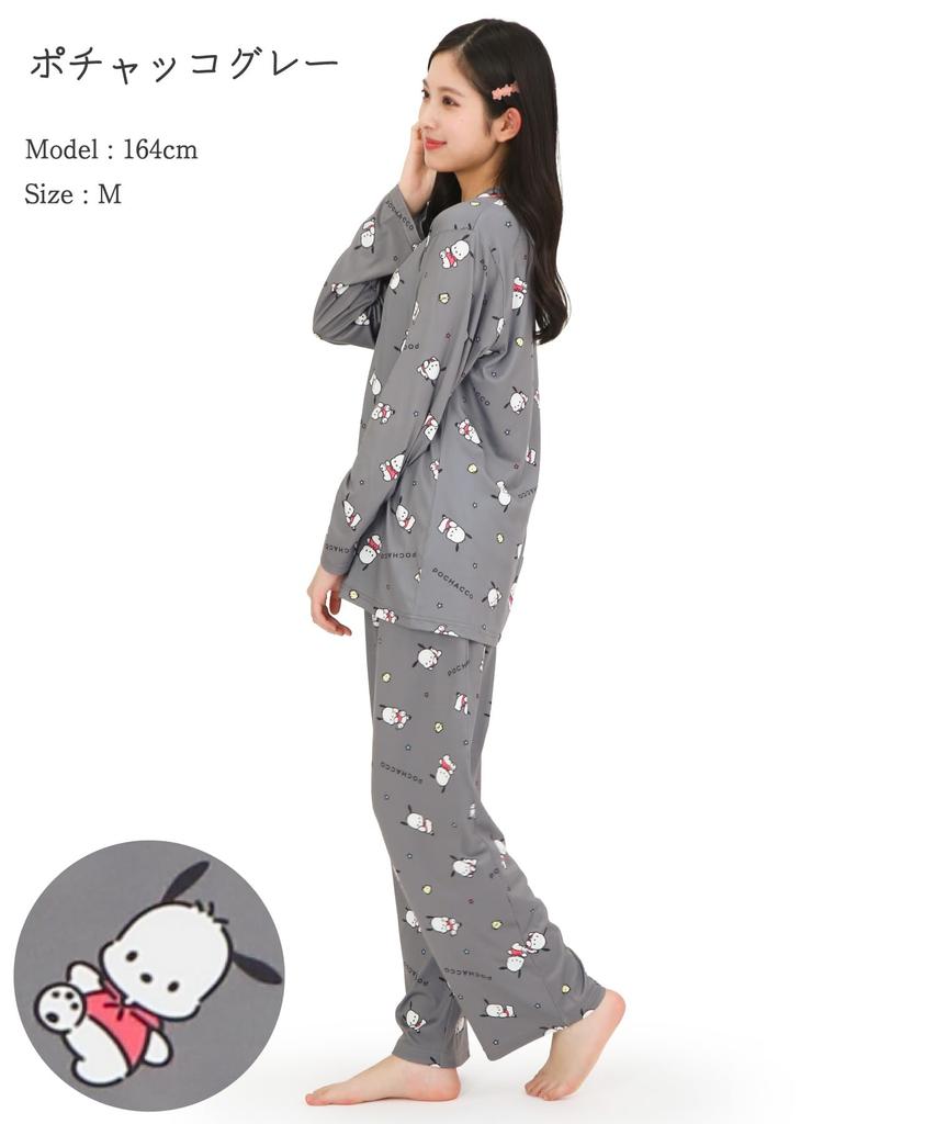 Pochacco Shirt Powder Long Long Top and Bottom Room Loungewear [SAZAC] Pajamas, Stretch, Women's, Sleeves, Pants, Set, Wear, (Gray/M/SAN1912)
