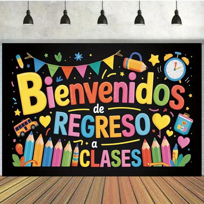 2D Cute School Supplies Backdrop for Spanish Back to School Party