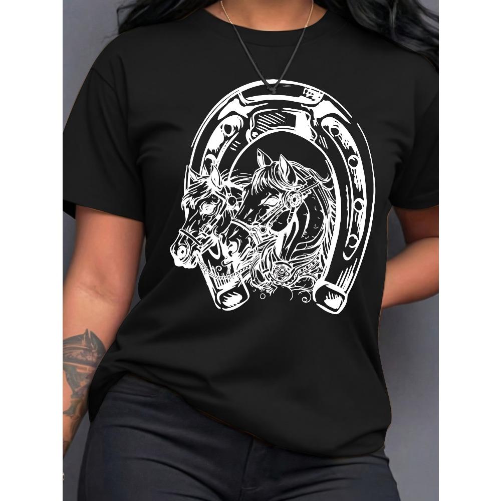 Women's Cartoon Horse Pattern Print Mature Elegant T-Shirt Tee Cotton Oversized Loose Short Sleeve Retro O-Neck