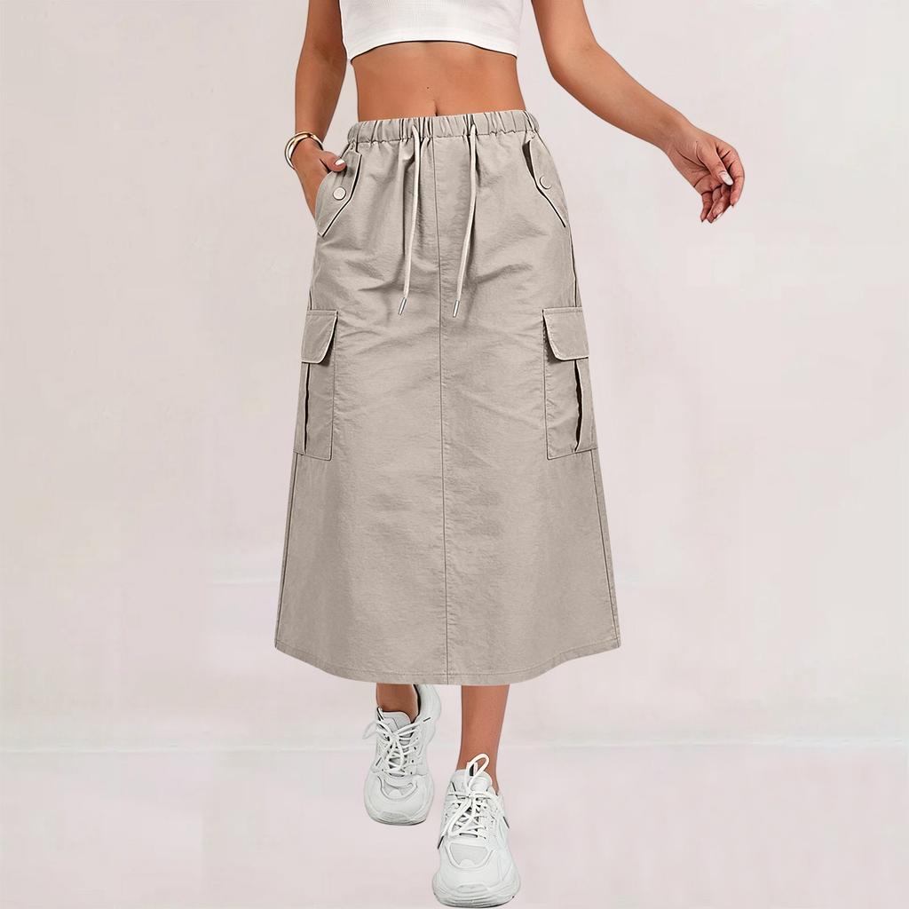 Women's Casual Long Cargo Skirt with Drawstring Waist and Pockets Lightweight Comfortable Workwear Style Skirt for Everyday Use