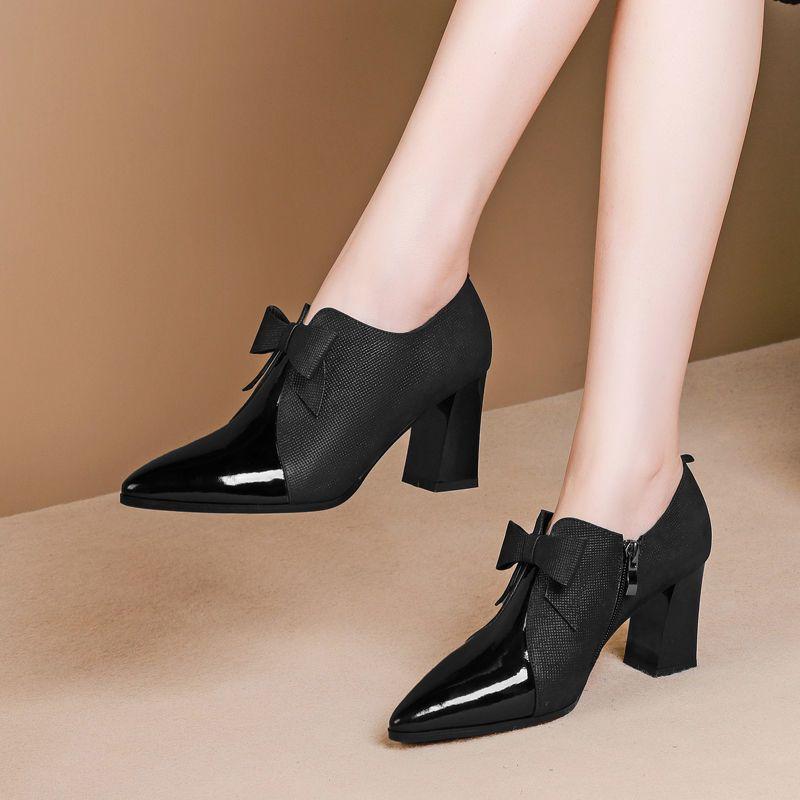 2026 Spring and Autumn New Fashionable Bow Versatile Temperament Pointed Coarse Copy Inside High Heels Female